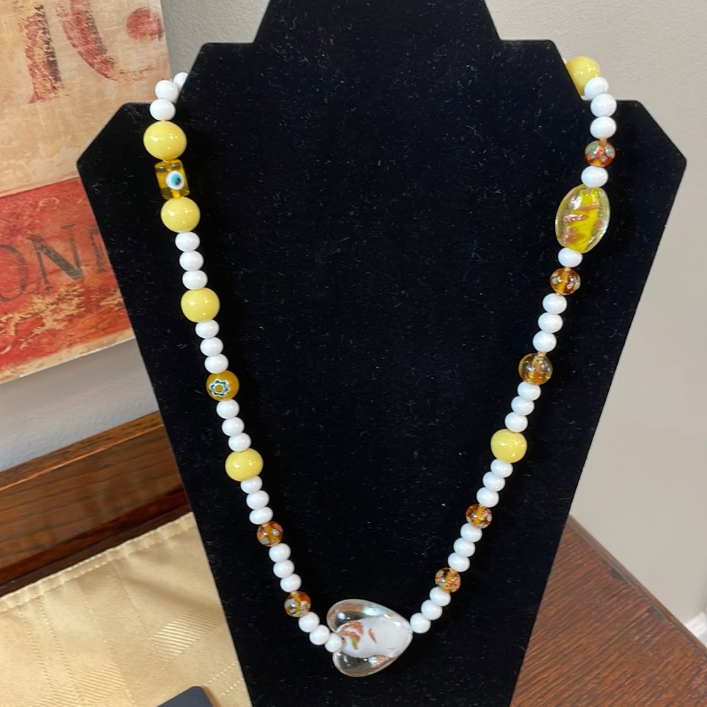 Hand beaded by me necklace using vintage milk glass and new artisan made beads.